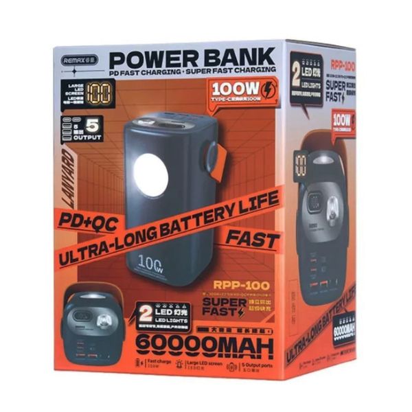 Зовнішній акумулятор Remax Gutitan PD 100W + QC 22.5W 60000mAh + LED Синій (RPP-100)