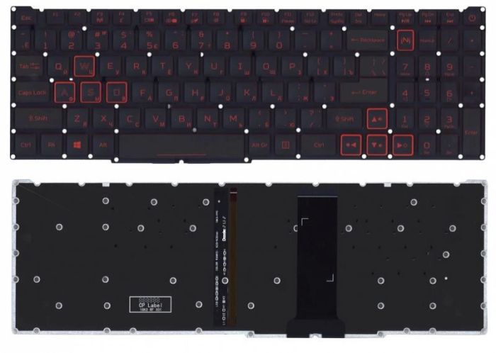 Клавіатура для ноутбука Acer Nitro 5 (AN517-41) з підсвічуванням (Light), Black, (вузький шлейф, червоні літери), RU