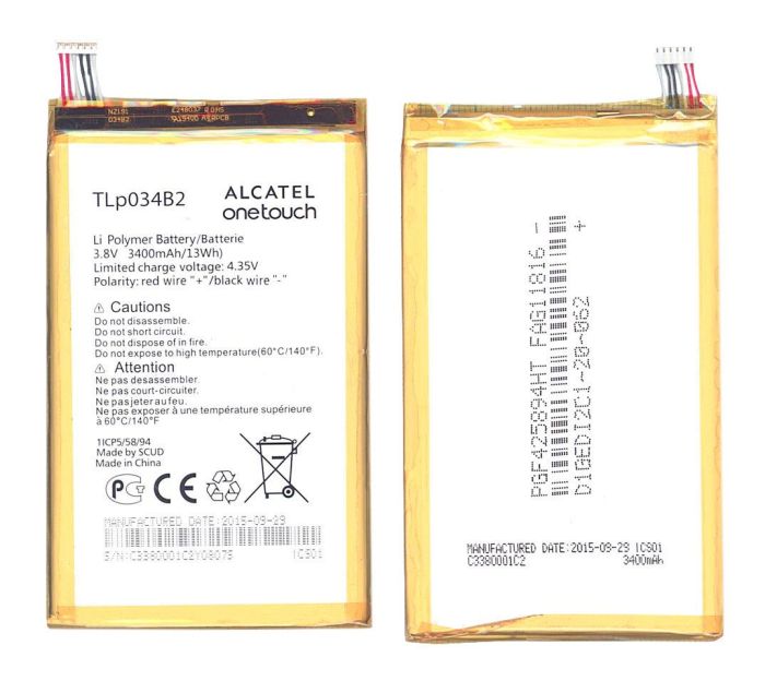 Аккумулятор Alcatel TLp034B2 One Touch Pop S9 7050Y 3.8V White 3400mAh 13Wh