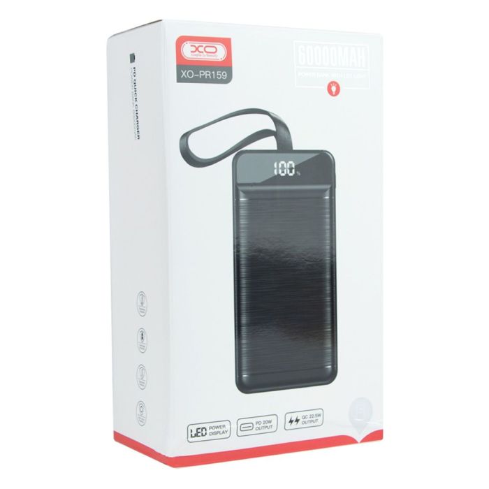 Універсальна Мобільна Батарея Power Bank XO PR159 QC22.5W PD20W digital display, with light, 60000 mAh Колір Чорний