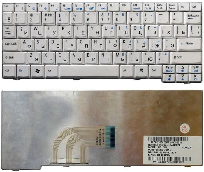 Клавіатура для ноутбука Acer Aspire One 531, A110, A150, D150, D250, ZG5, ZG8 Біла, RU