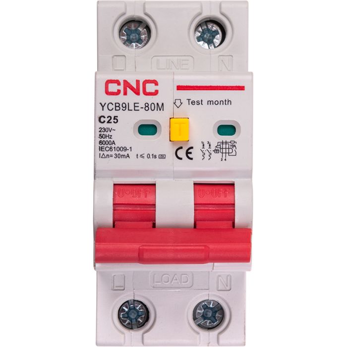Диференційний автоматичний вимикач CNC YCB9LE-80M 2P C25 6000A 30mA 230V