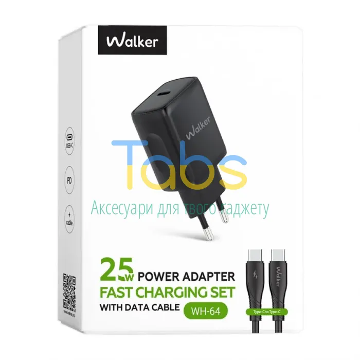 Мережевий зарядний пристрій (адаптер) 2в1 WALKER WH-64 PD_25W + Data Cable Type-C to Type-C black - зображення 12