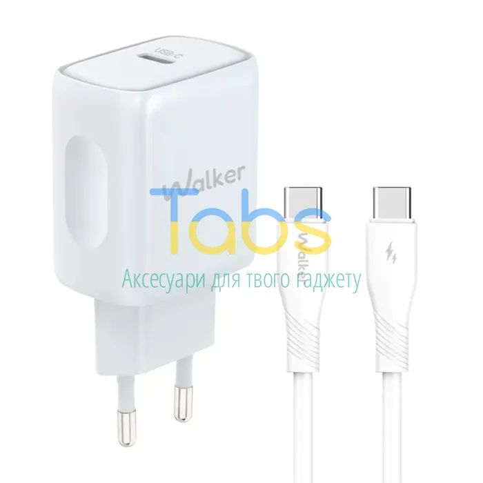 Мережевий зарядний пристрій (адаптер) 2в1 WALKER WH-64 PD_25W + Data Cable Type-C to Type-C white - зображення 1