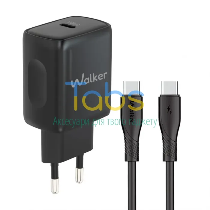 Мережевий зарядний пристрій (адаптер) 2в1 WALKER WH-64 PD_25W + Data Cable Type-C to Type-C black - зображення 1