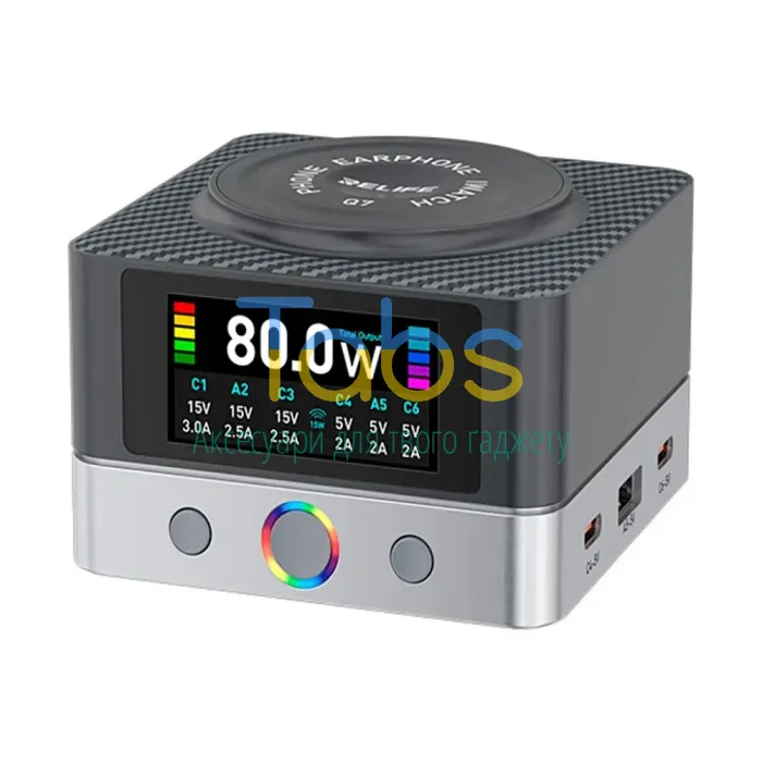 Зарядний пристрій Relife Q7 80W (4 Type-C, 2 USB A; бездротова зарядка 15 Вт) - зображення 1