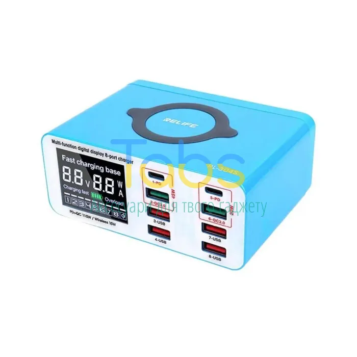Зарядний пристрій Relife RL-304S 110W (6 USB-A, 2 USB-C, QC3.0, PD 20-45W, бездротова зарядка 15W) - зображення 1