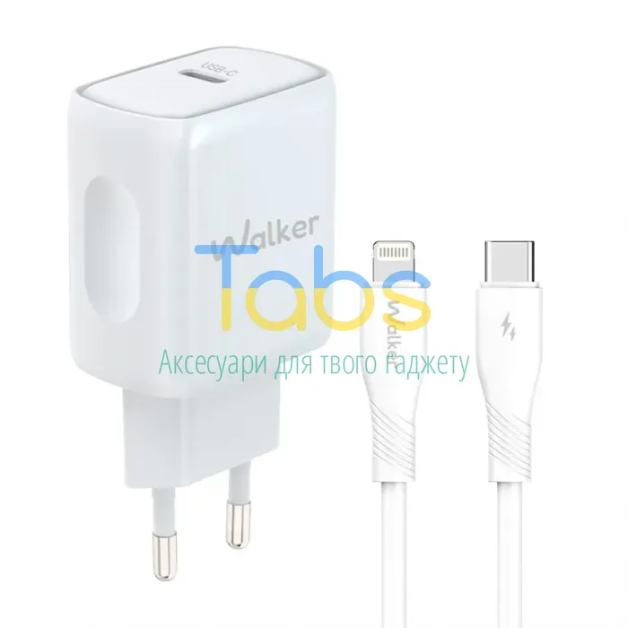 Мережевий зарядний пристрій (адаптер) 2в1 WALKER WH-64 PD_25W + Data Cable Type-C to Lightning white - зображення 1
