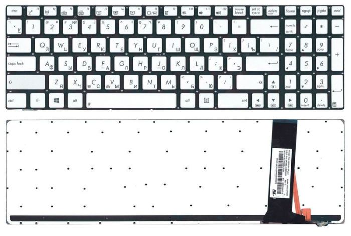 Клавіатура для ноутбука Asus (N550) з підсвічуванням (Light), Silver, (No Frame) RU/EN