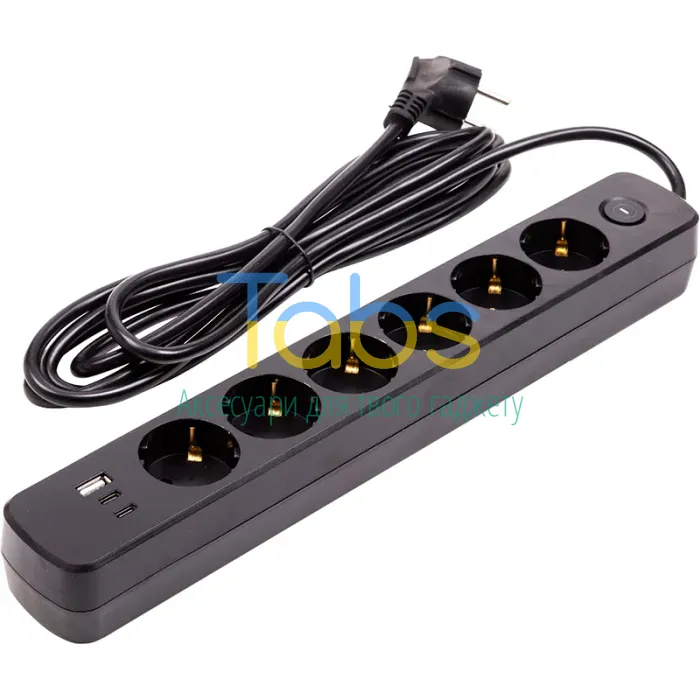 Мережевий фільтр PowerPlant 3м, 3x0.75мм2, 6 розеток, 1xUSB, 2xType-C, євро, 100% мідь (YS-N6086/3c) - зображення 1