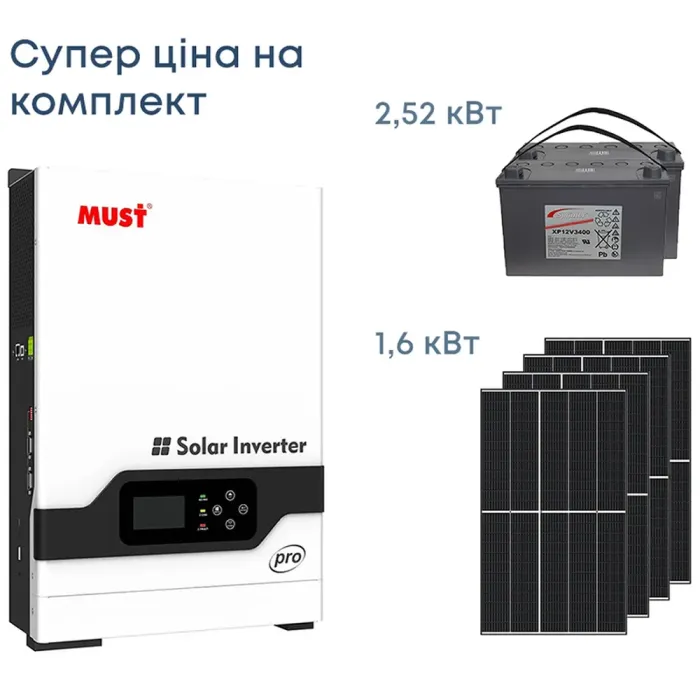 Комплект резервного живлення Інвертор Must 3000W, сонячні панелі 1.6кВт, АКБ 2.52кВт