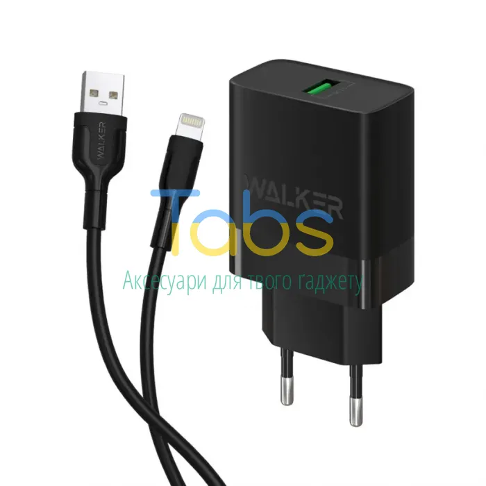 Мережевий зарядний пристрій (адаптер) 2в1 WALKER WH-35 1USB, QC3.0, 3A, 15W + Data Cable USB to Lightning black - зображення 1