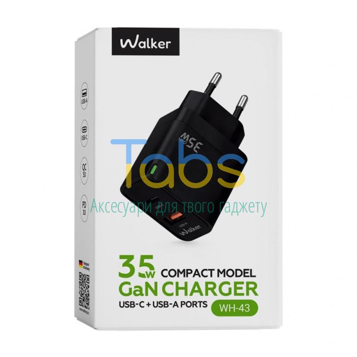 Мережевий зарядний пристрій (адаптер) WALKER WH-43 35W GAN PD_35W, QC3.0_30W black - изображение 2
