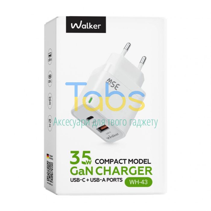 Мережевий зарядний пристрій (адаптер) WALKER WH-43 35W GAN PD_35W, QC3.0_30W white - изображение 2