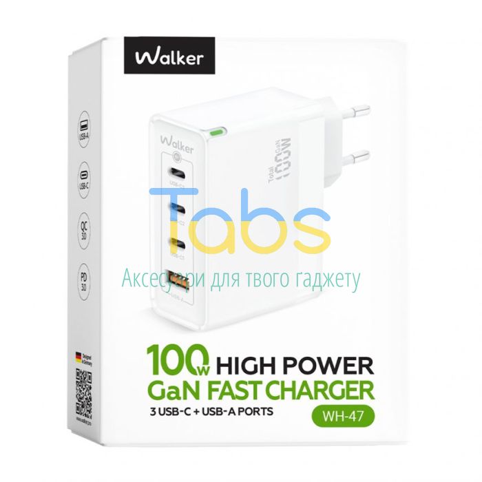 Мережевий зарядний пристрій (адаптер) WALKER WH-47 100W GAN PD1_35W, PD2_65W, PD3_65W, QC3.0_35W white - изображение 2